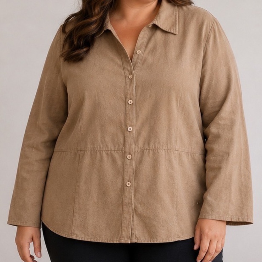 Women's 22/24W Tan Utility Shirt Jacket Button Front Plus Size Lagenlook Safari